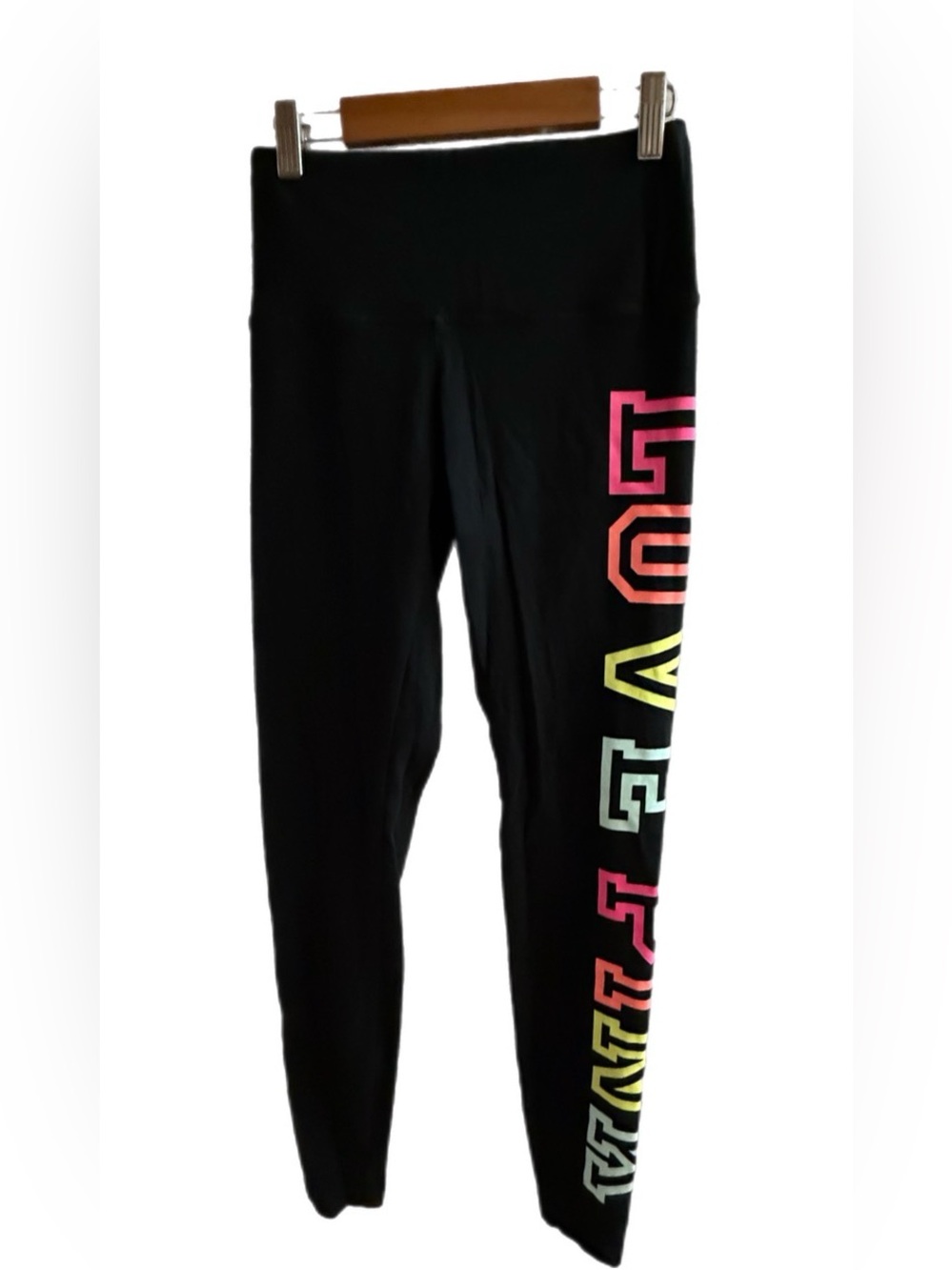 Pink- Black Leggings with Neon Love Pink on side of leg